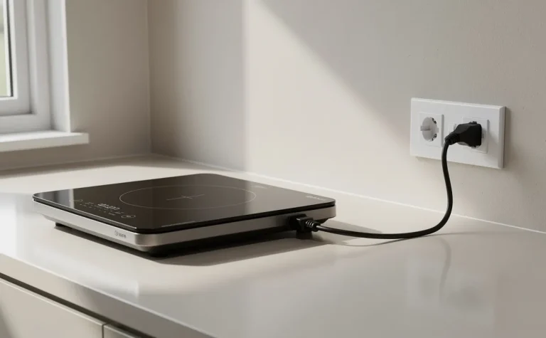 Plaque à induction moderne branchée à une prise murale de 20A sur un plan de travail de cuisine immaculé, éclairée par la lumière du jour.