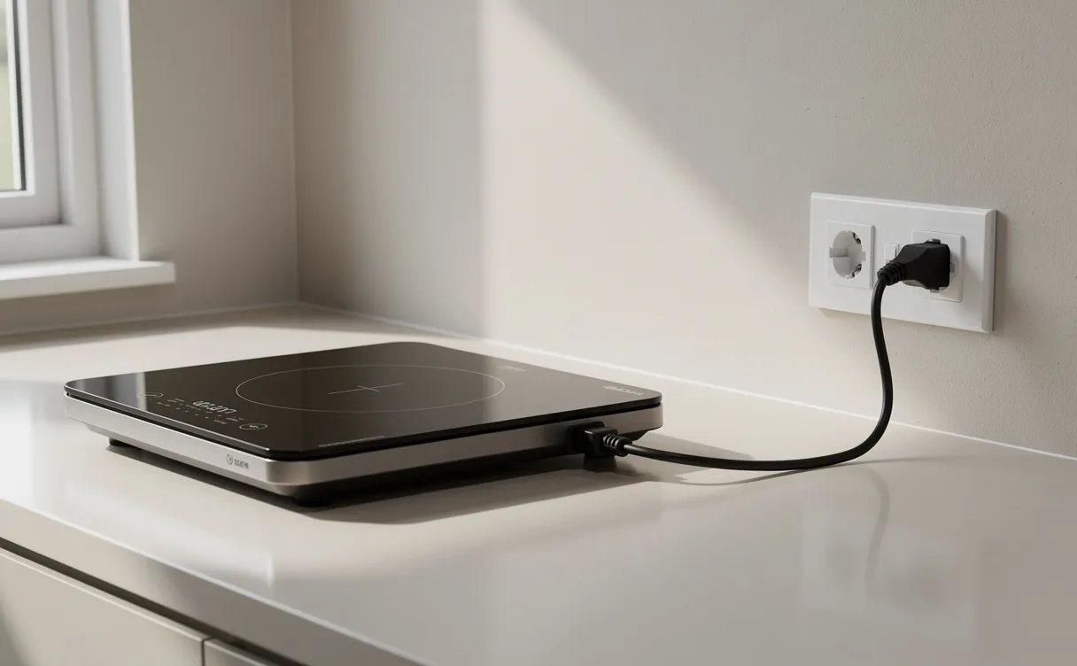 Plaque à induction moderne branchée à une prise murale de 20A sur un plan de travail de cuisine immaculé, éclairée par la lumière du jour.