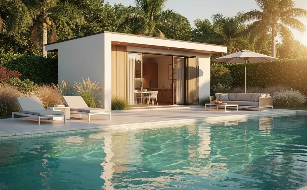 Une maison de piscine moderne au bord d’un bassin turquoise, entourée de verdure et de mobilier de jardin élégant sous une lumière dorée.