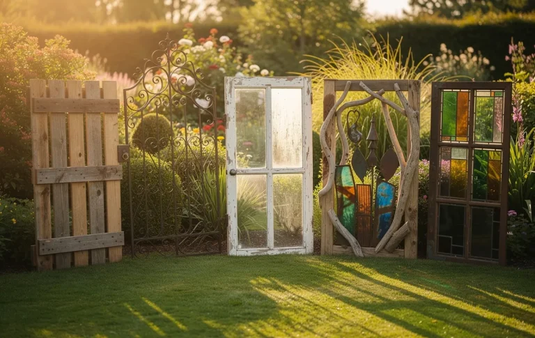 Six portails de jardin faits maison, réalisés avec des matériaux variés, sont alignés dans une cour ensoleillée devant une végétation verdoyante.
