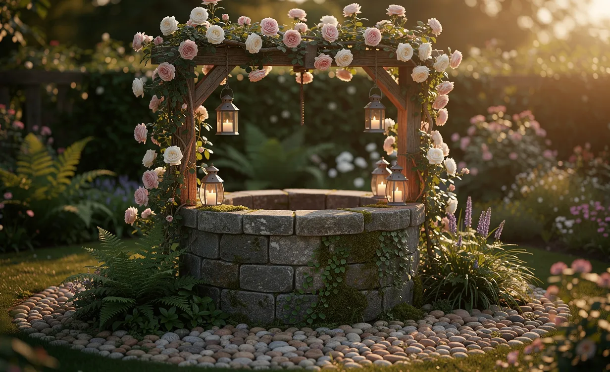 Un vieux puits en pierre orné de rosiers grimpants, lanternes et galets décoratifs se dresse au centre d’un jardin verdoyant sous une lumière dorée.