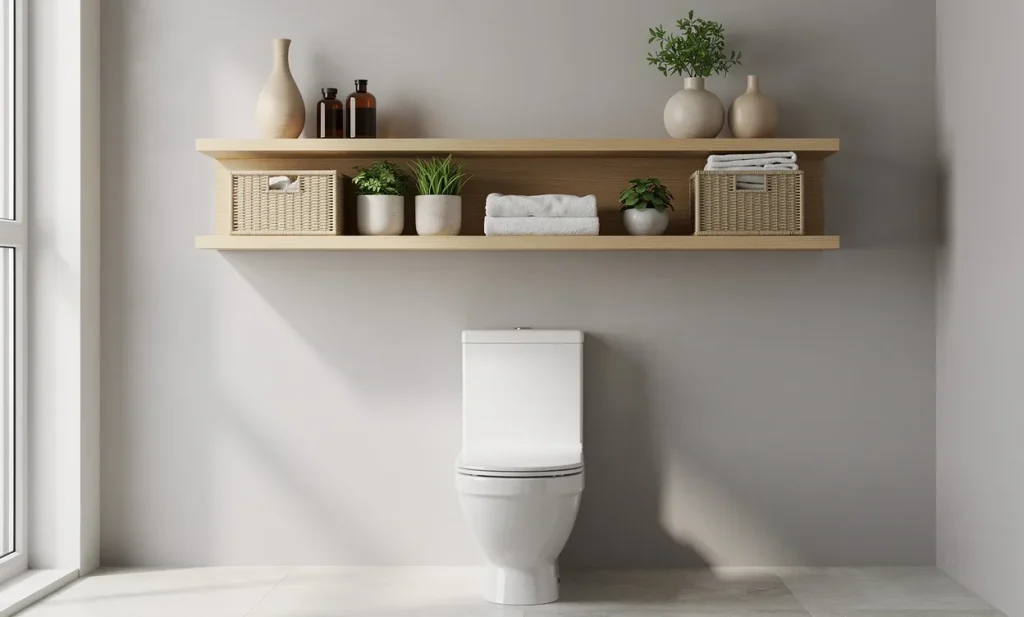 Salle de bain moderne avec des étagères murales au-dessus des toilettes, décor raffiné et paniers de rangement organisés, éclairée par la lumière du jour.