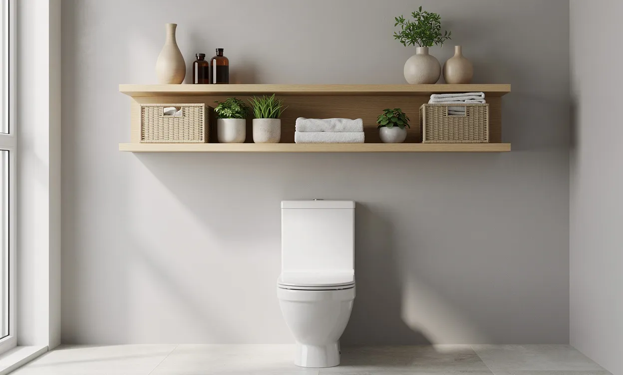 Salle de bain moderne avec des étagères murales au-dessus des toilettes, décor raffiné et paniers de rangement organisés, éclairée par la lumière du jour.