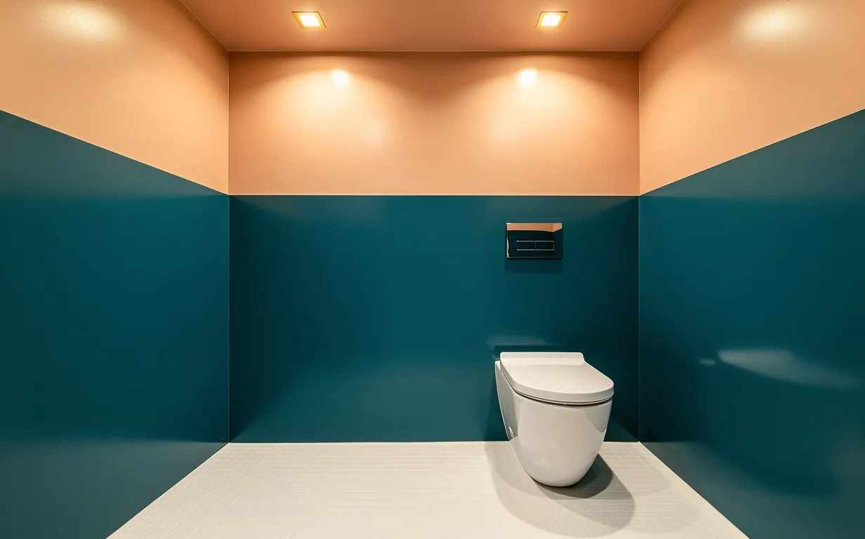Salle de bains moderne sans fenêtre aux murs lisses bleu canard et pêche, avec toilette blanche et éclairage doré tamisé.