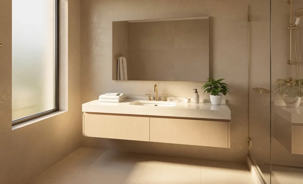 Salle de bains beige baignée de lumière naturelle avec des murs sableux, des éléments élégants et des reflets doux sur le plan de travail.