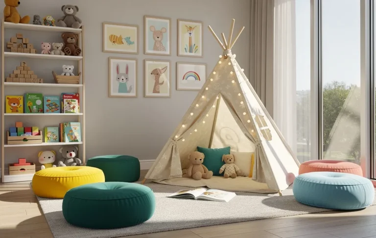 Une salle de jeux lumineuse avec des coussins colorés, un tipi, des étagères rangées de jouets et de livres, décorée de dessins muraux, baignée de soleil.