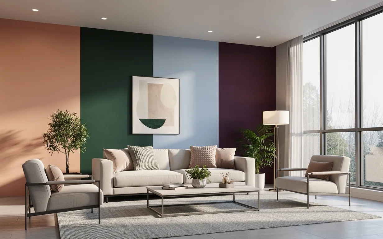 Un salon moderne avec cinq murs d’accent de couleurs pêche, vert pin, bleu poudre, prune et étain, meublé élégamment et baigné de lumière naturelle.