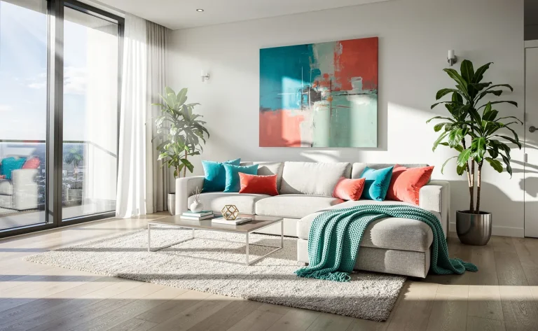 Salon moderne avec des touches de cyan, corail et céladon, baigné de lumière naturelle à travers de grandes fenêtres.