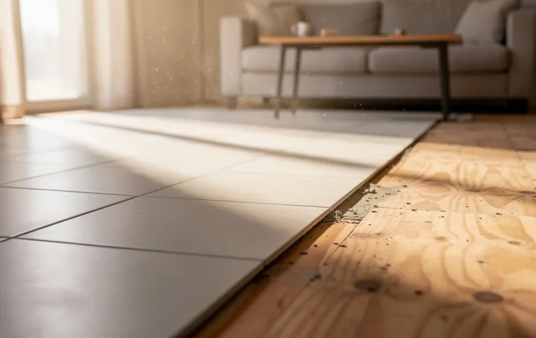 Sol de salon partiellement carrelé avec des carreaux posés à côté d’une section de sous-plancher, baigné de lumière naturelle et des particules de poussière visibles dans l’air.