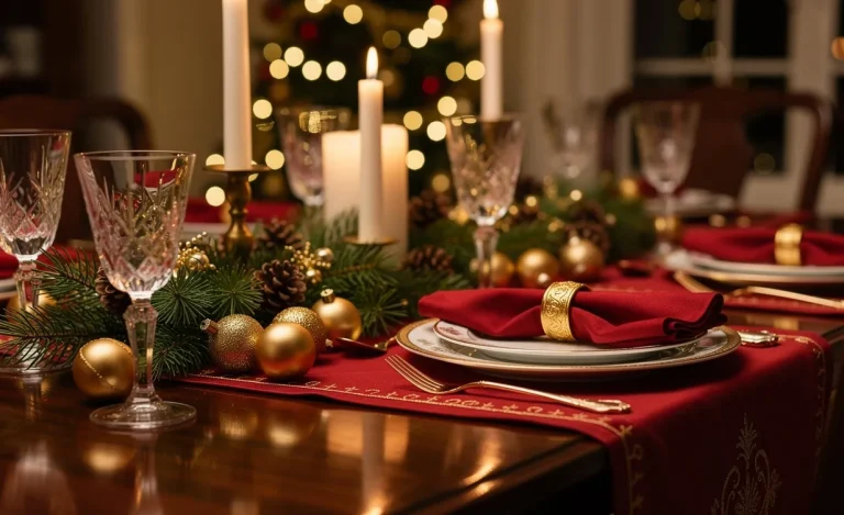Table de Noël ornée de décorations rouges et dorées, verres en cristal, branches de pin et guirlandes lumineuses en arrière-plan.