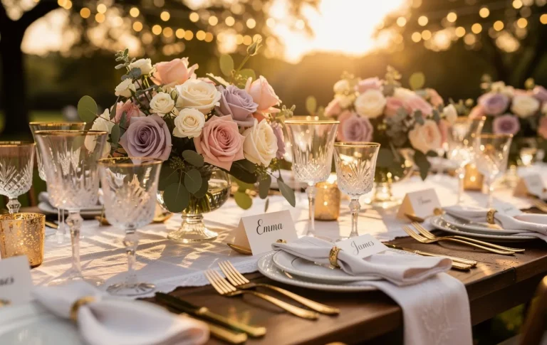 Table de mariage extérieure décorée avec des guirlandes lumineuses, des fleurs pastel, des accents dorés et des marque-places personnalisés sous une lumière douce.
