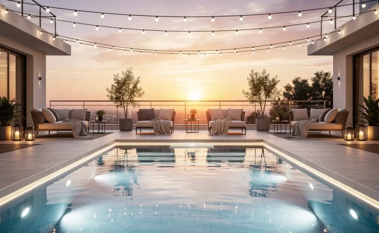 Terrasse moderne au bord d’une piscine au crépuscule, éclairée de guirlandes lumineuses, leds encastrées et lanternes, avec six espaces de détente et reflets sur l’eau calme.