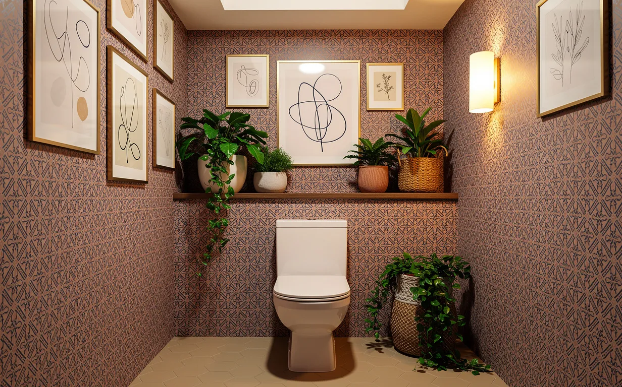 Toilettes décorées avec du papier peint à motifs, des cadres, des plantes vertes et une lumière chaleureuse.