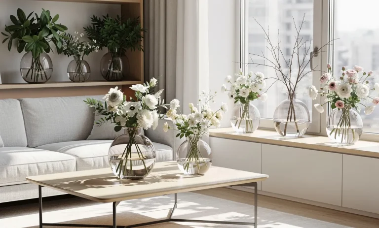Salon moderne lumineux avec plusieurs vases ronds en verre ornés de feuillages, fleurs ou branches, disposés sur des étagères, une table basse et des rebords de fenêtre.