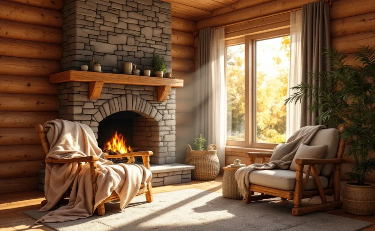 Intérieur d’un chalet en bois avec des murs chaleureux, une cheminée en pierre allumée et un fauteuil rustique couvert de couvertures sous une lumière dorée.