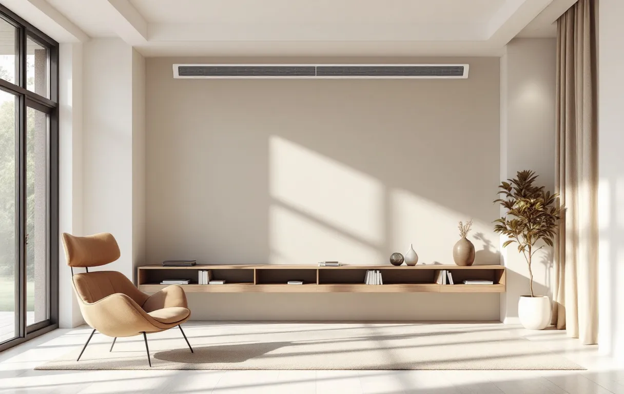 Salon moderne avec grille de ventilation intégrée au-dessus d’une bibliothèque, éclairé par une lumière naturelle douce.