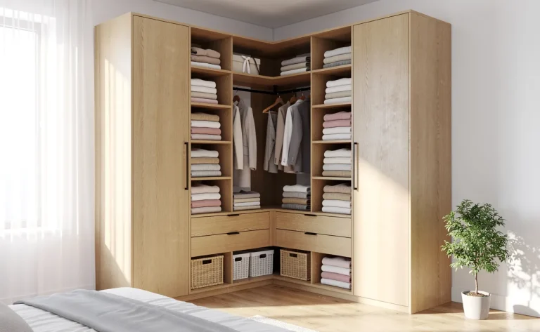 Armoire d’angle moderne en bois avec étagères ouvertes et vêtements pliés, installée près d’une fenêtre laissant passer la lumière du jour.