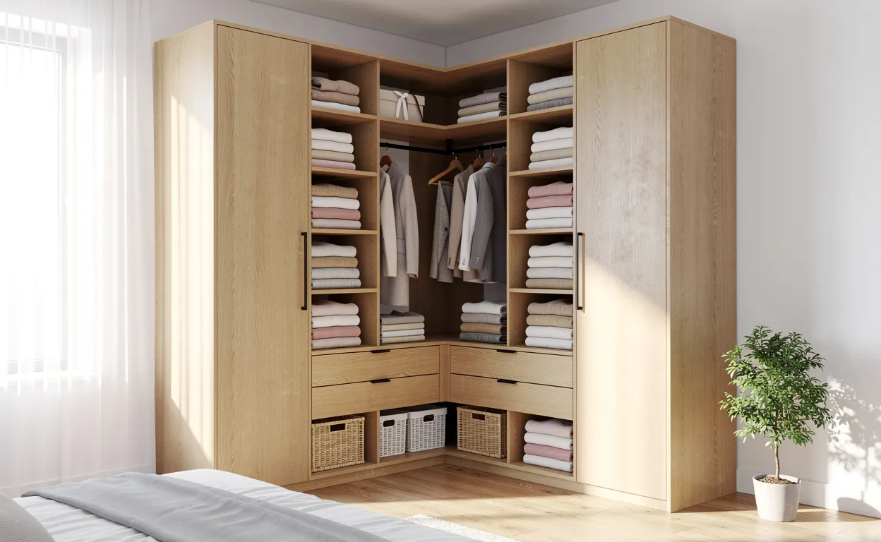 Armoire d’angle moderne en bois avec étagères ouvertes et vêtements pliés, installée près d’une fenêtre laissant passer la lumière du jour.