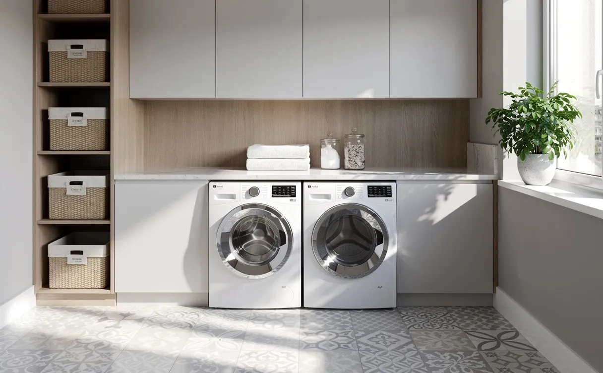 Buanderie élégante avec des rangements soignés, paniers organisés, carrelage décoratif, plante verte et fenêtre laissant entrer la lumière naturelle.