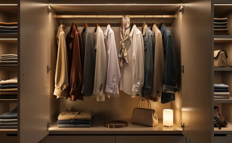 Un dressing ouvert expose des vêtements soigneusement rangés en différentes couches et textures, baignés d’une lumière chaude qui crée des ombres douces.