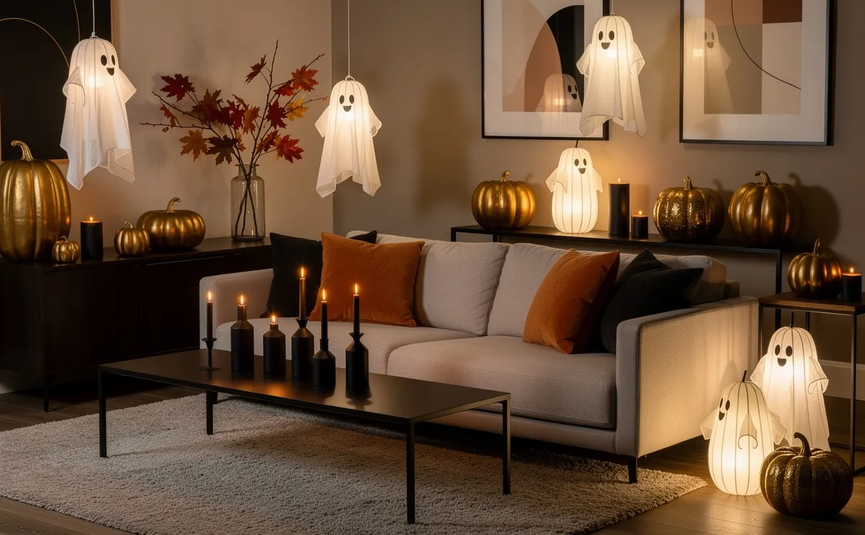 Salon décoré pour Halloween avec des bougies noires, des citrouilles dorées et des lanternes fantômes artisanales sur les étagères.