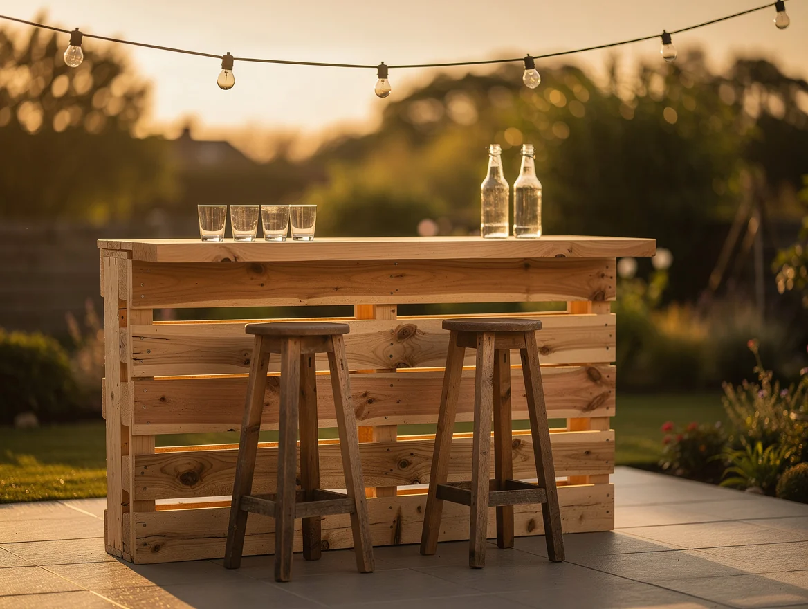 Comptoir de bar exterieur fait de palettes empilees a la verticale, planche large sur le dessus, verres et bouteilles, deux tabourets hauts au coucher du soleil