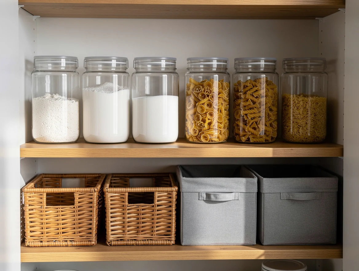 Etagere de cellier avec bocaux en verre de farine sucre et pates, paniers en osier et bacs en tissu gris