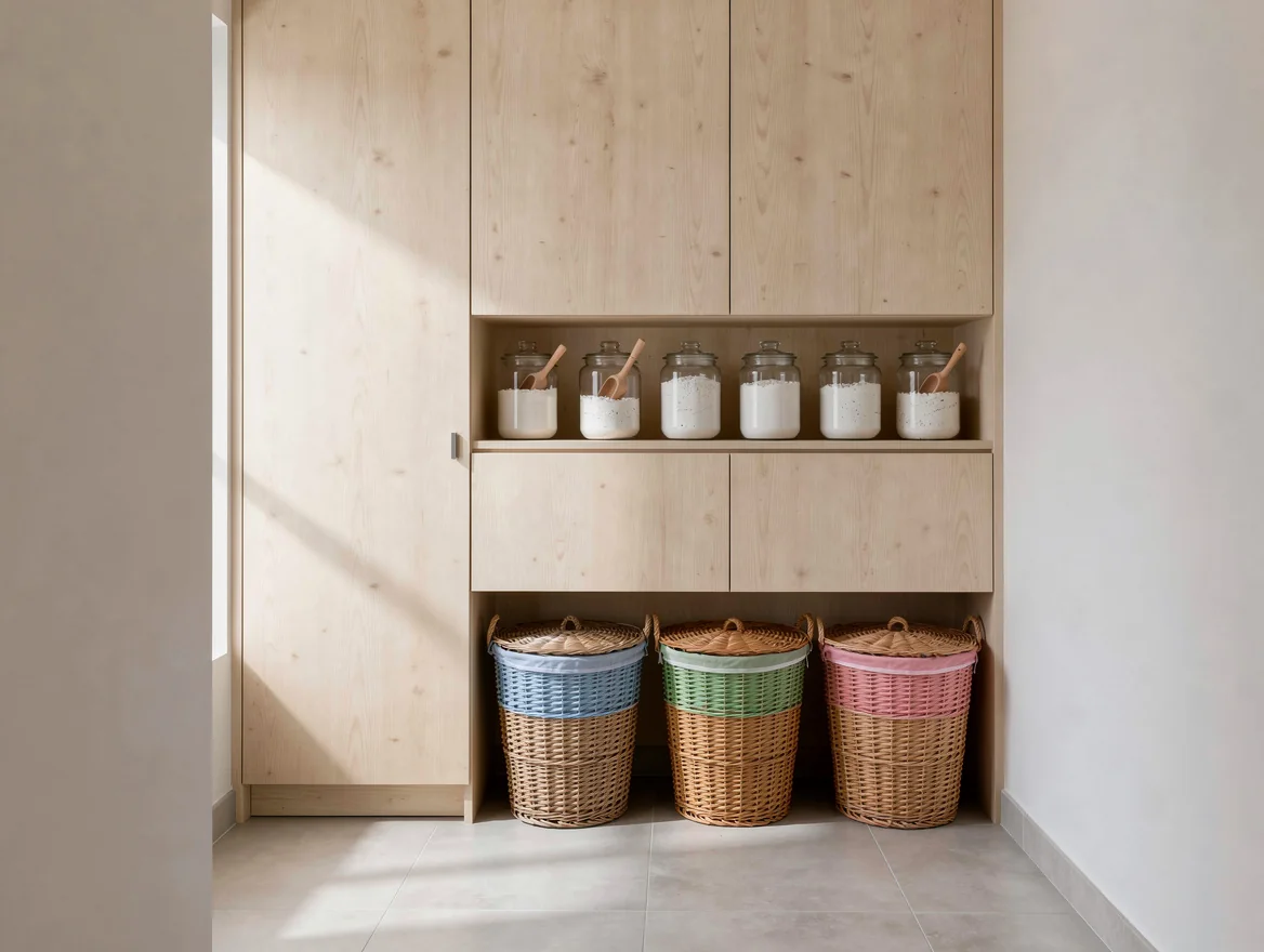 Buanderie avec meubles en bois clair montant jusqu au plafond, bocaux en verre de lessive et trois paniers de tri colores