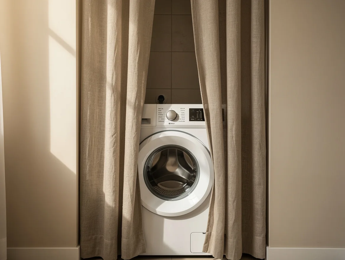 Lave-linge dissimule dans une niche derriere un rideau en lin naturel dans une buanderie