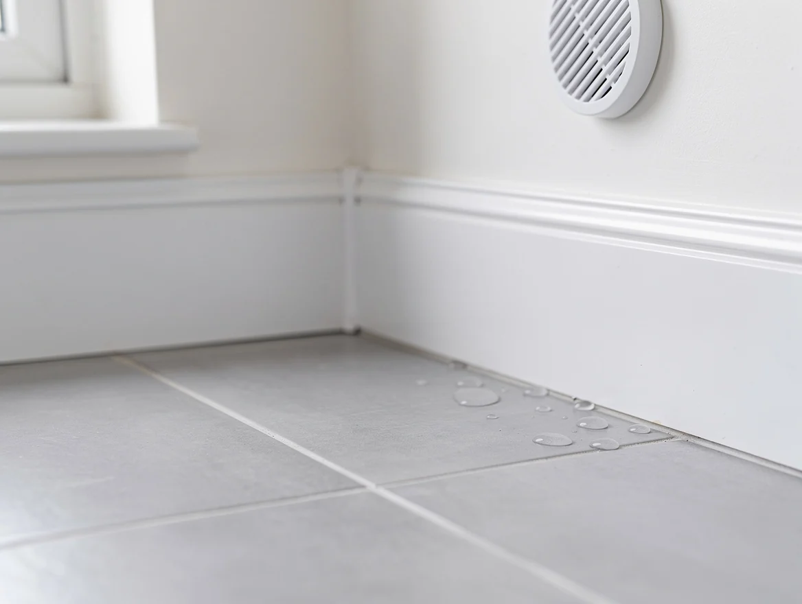 Angle de buanderie avec carrelage gris clair, mur en peinture lessivable blanche et grille d aeration ronde