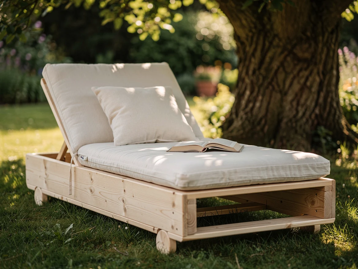 Chaise longue en palettes avec dossier incline et epais matelas d exterieur creme, posee sur la pelouse a l ombre d un arbre