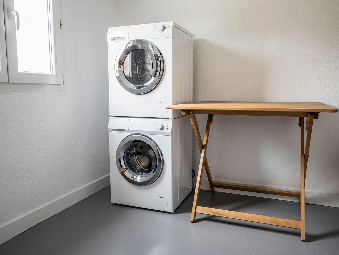 Lave-linge et seche-linge empiles en colonne dans une buanderie, sol vinyle gris degage et plan de pliage en bois