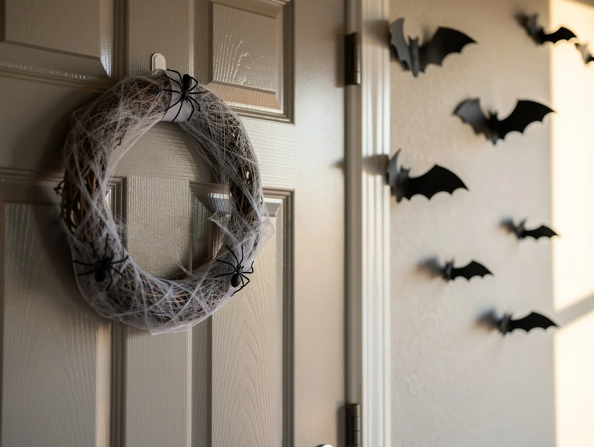 Couronne recouverte de fausse toile d'araignee avec araignees noires et chauves-souris en papier collees sur le mur