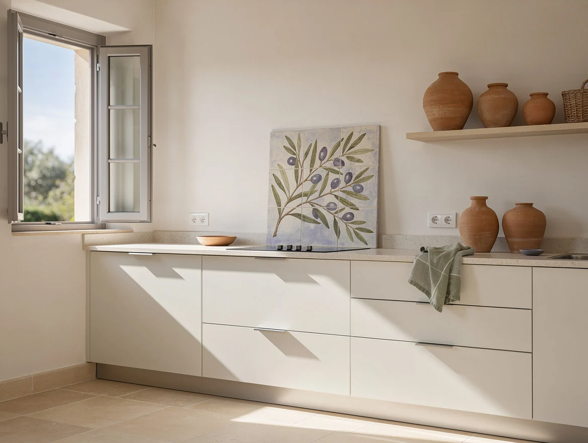 Cuisine aux facades blanc casse, credence carrelee a motif d'olivier et poteries en terre cuite sur etagere