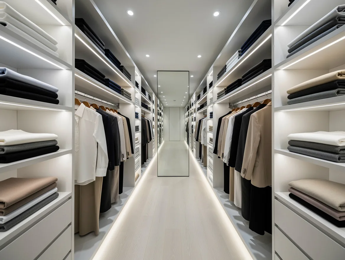 Dressing eclaire par des spots encastres et des reglettes LED blanches sous les etageres avec un miroir en pied au fond