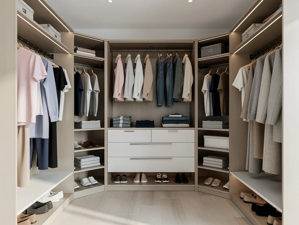 Dressing amenage en U avec penderies et etageres sur les trois murs et deux modules d angle