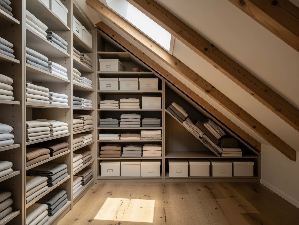 Dressing amenage sous une pente de toit avec etageres ouvertes montant jusqu aux poutres et modules bas dans l angle
