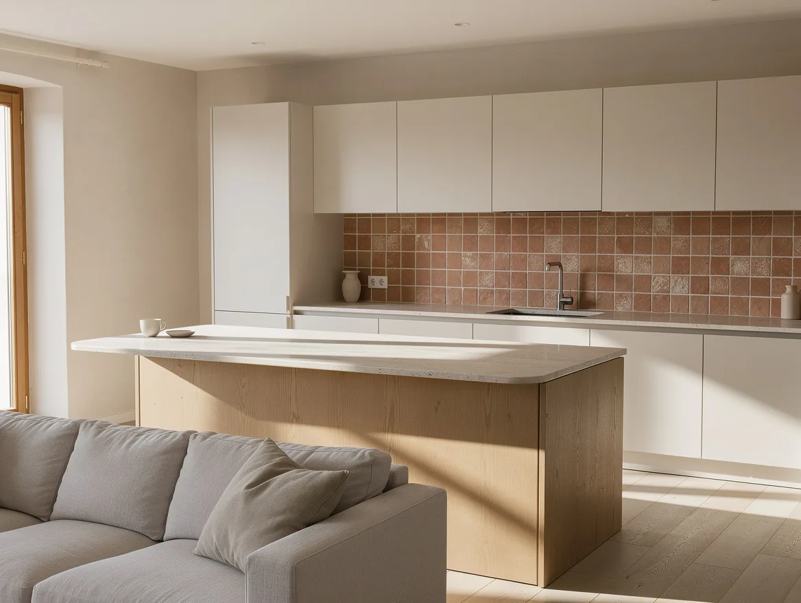 Cuisine ouverte sur le salon avec ilot central en bois clair et plan en pierre claire, credence en carreaux terracotta