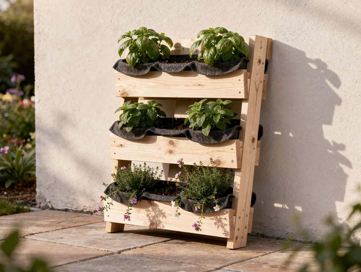 Demi-palette dressee contre un mur clair, garnie de feutre geotextile et plantee d aromatiques et de fleurs sur trois etages
