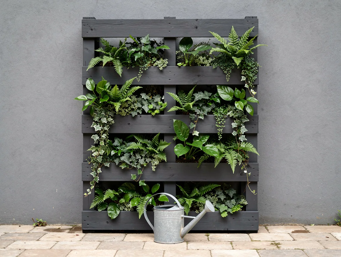 Palette entiere fixee debout contre un mur gris, transformee en mur vegetalise avec fougeres et lierre retombant des interstices