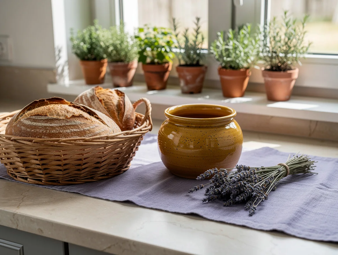 Panier a pain en osier, poterie jaune et bouquet de lavande sechee sur un chemin de table bleu lavande, pots de thym et romarin sur le rebord de fenetre