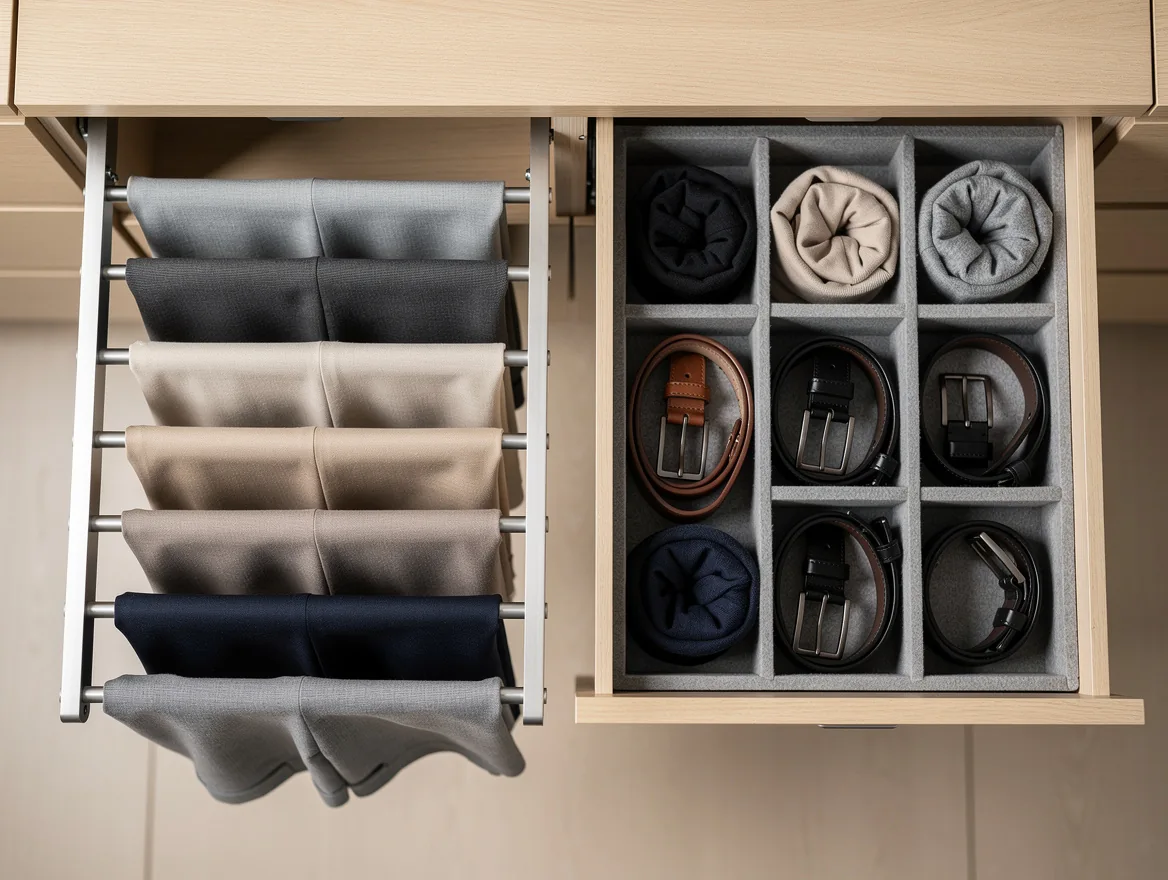 Porte-pantalons coulissant sorti du module et tiroir equipe de separateurs en feutre avec chaussettes roulees et ceintures