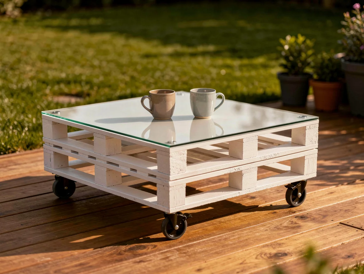 Table basse faite de deux palettes peintes en blanc, montee sur roulettes avec un plateau en verre, sur une terrasse en bois