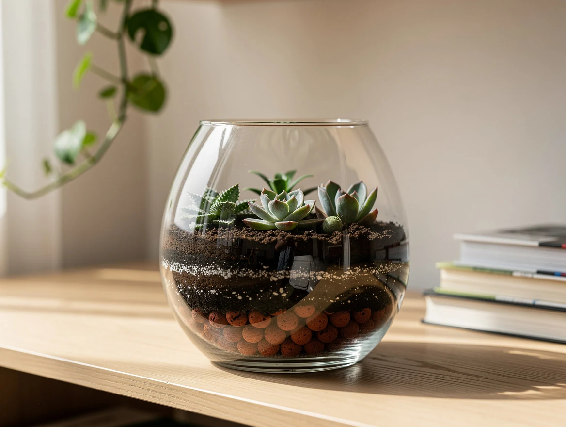 Vase en verre à large ouverture transformé en terrarium avec billes d'argile, terreau et trois succulentes, posé sur une étagère en bois clair