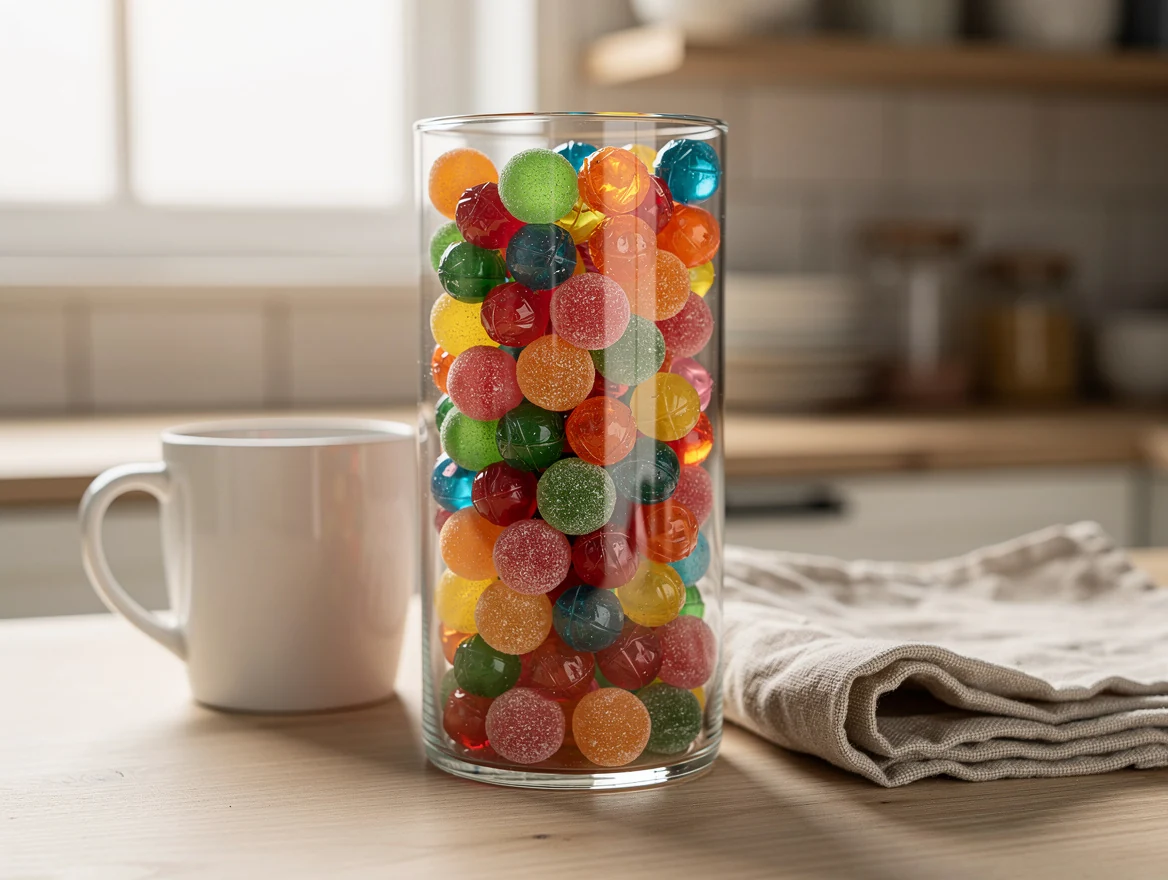 Grand vase en verre transparent rempli de bonbons colorés posé sur un plan de travail en chêne clair dans une cuisine