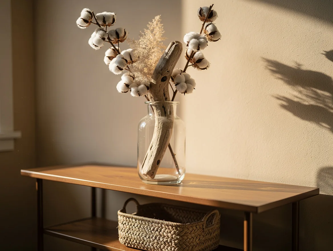 Vase en verre transparent garni de tiges de coton séchées et de bois flotté sur une console d'entrée en bois, lumière dorée d'automne