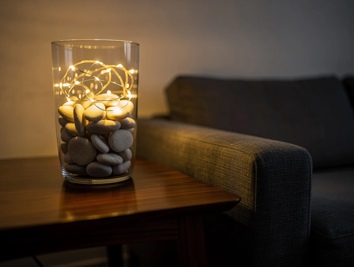 Vase transparent rempli de galets clairs et d'une guirlande LED blanche allumée, posé sur un guéridon en bois près d'un canapé dans un salon sombre